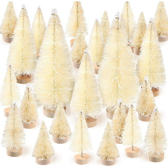 24PCS Artificial Mini Christmas Tree Sisal Snow Trees Bottle Brush Christmas Trees Pine Trees Ornaments with Wooden Base for Christmas Party Home Decoration