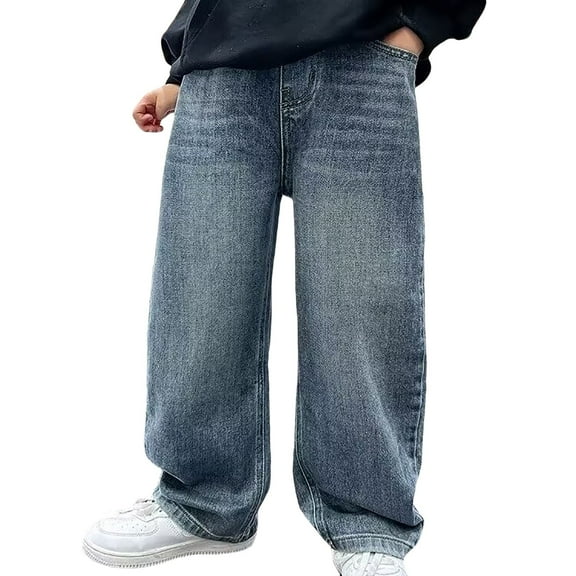 PINQI Boys Baggy Jeans Wide Leg Straight Cargo Denim Pants Kids Retro Elastic Waist Streetwear Jeans Trousers with Pockets