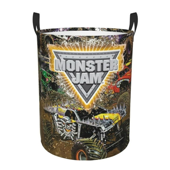 Large Circular Hamper Bag Monster Truck Jam Laundry Basket with Handles Bedroom Bathroom Home Medium