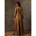 thumbnail image 2 of Mocha Brown Satin Jacquard V-Neck Wrap Maxi Dress With Puffed Sleeves, 2 of 7