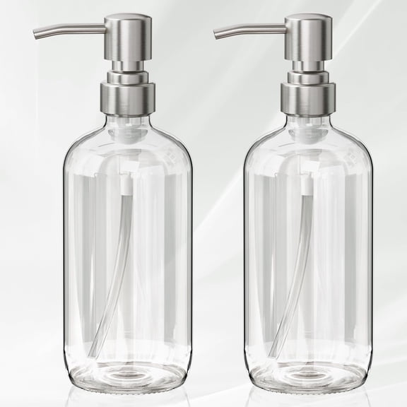 Glass Soap Dispenser 2-Pack, 17-Ounce Clear Bottles with Brushed Stainless Steel Pump for Bathroom Kitchen