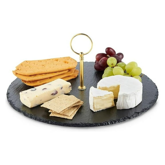 Slate Cheese Board with Handle - 12 Inch Round Natural Stone Serving Tray - Tapas, Charcuterie, Cake & Dessert Platter - Gift Boxed