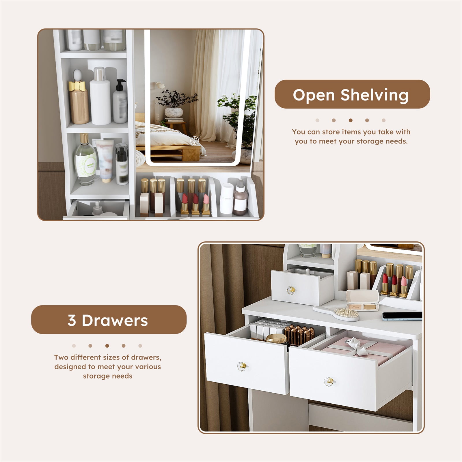 Hommoo Modern Vanity Desk Set, Makeup Vanity Dressing Table with Adjustable Brightness LED Lighted Mirror, 3-Drawer and Storage Shelves, Hair Dryer Holder and Power Socket, and Stool, White