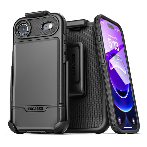 Encased for iPhone Air Phone Case with Belt Clip , (Rebel Armor) Protective Case with Camera Control Button and Holster (Compatible with MagSafe) Black