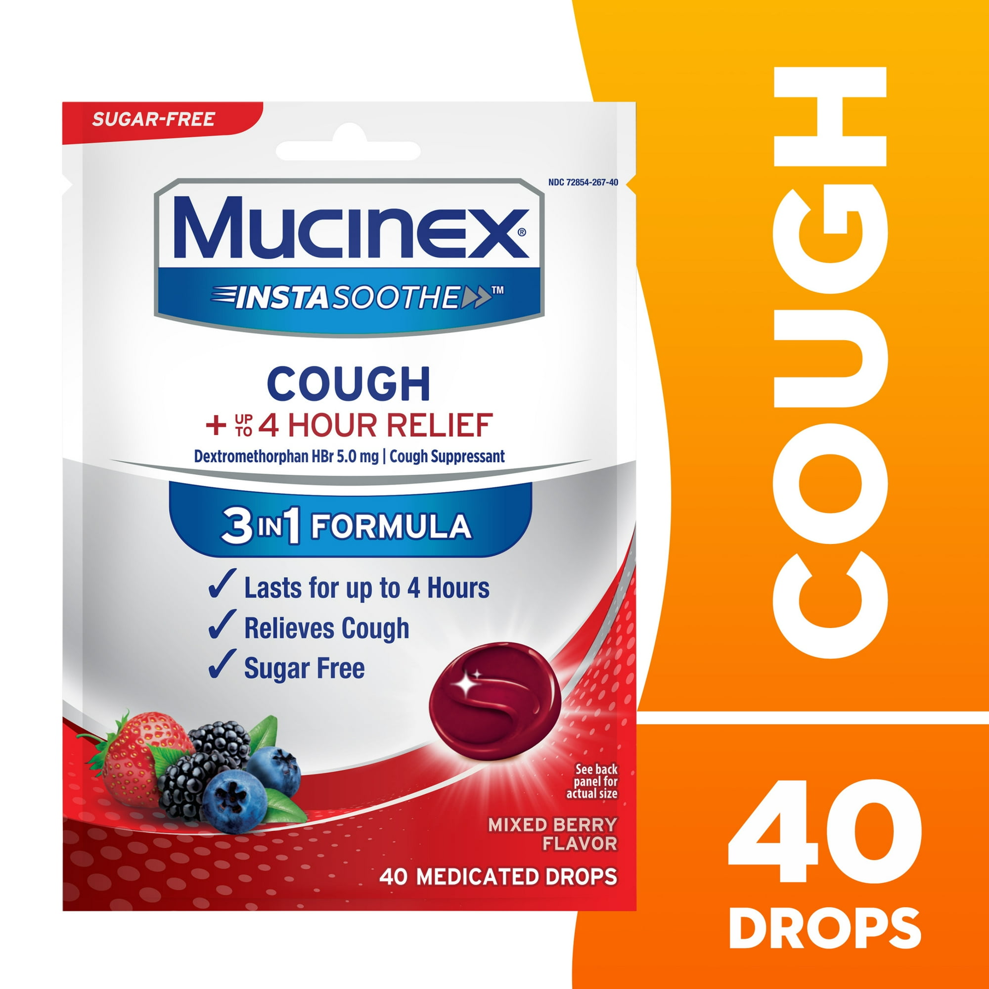 Mucinex Instasoothe Sugar Free Cough Drops, Cough Medicine for Adults, Mixed Berry, 40ct