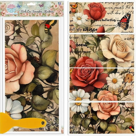 4 Sheets Vintage Flowers Rub on Transfers Rose and Daisy Furniture Decor Transfers Sticker UV Transfers Decal Craft