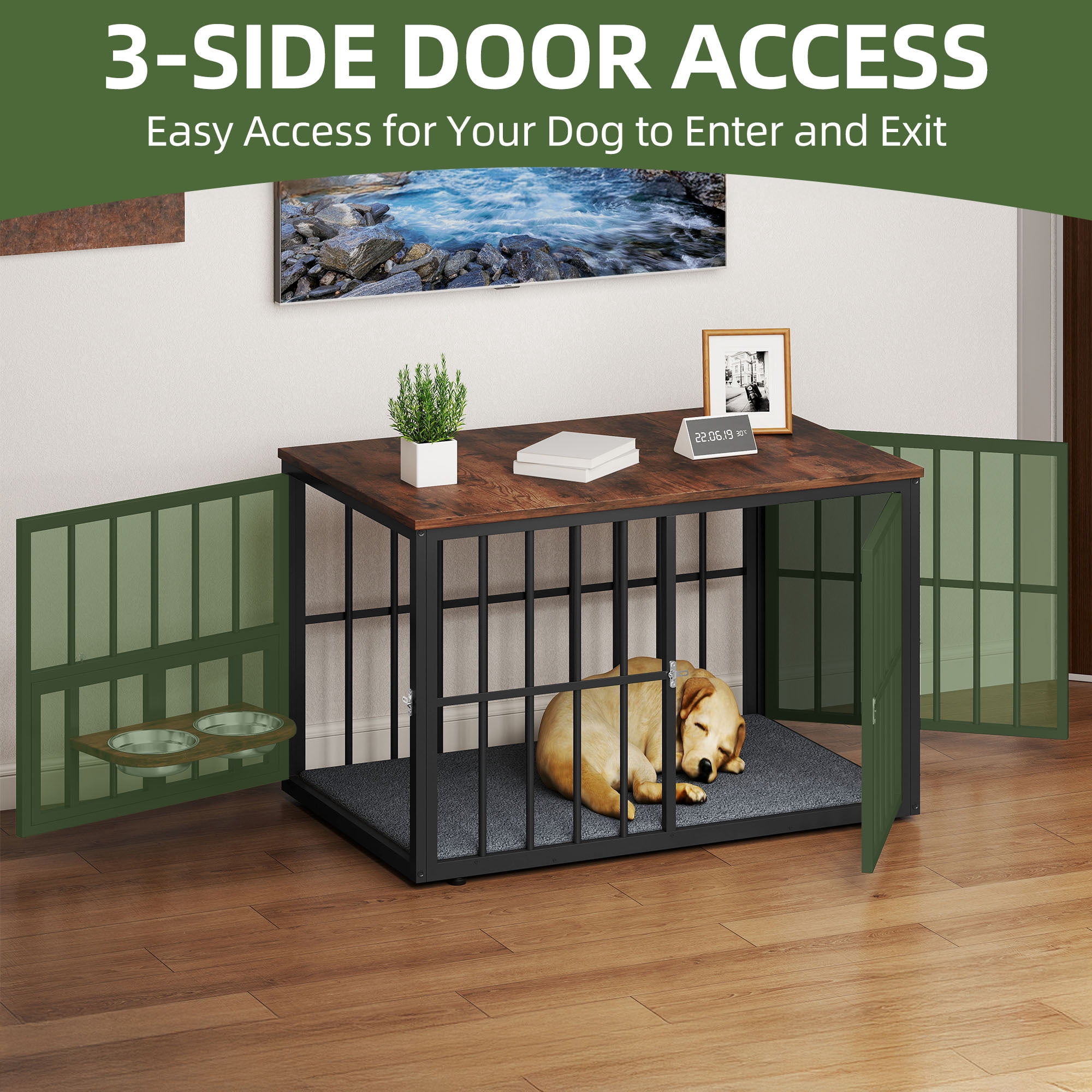 Uforic 44.3" Large Wooden Dog Crate Furniture with 3 Doors & 2 Rotatable Bowls for Medium Large Dogs, Brown