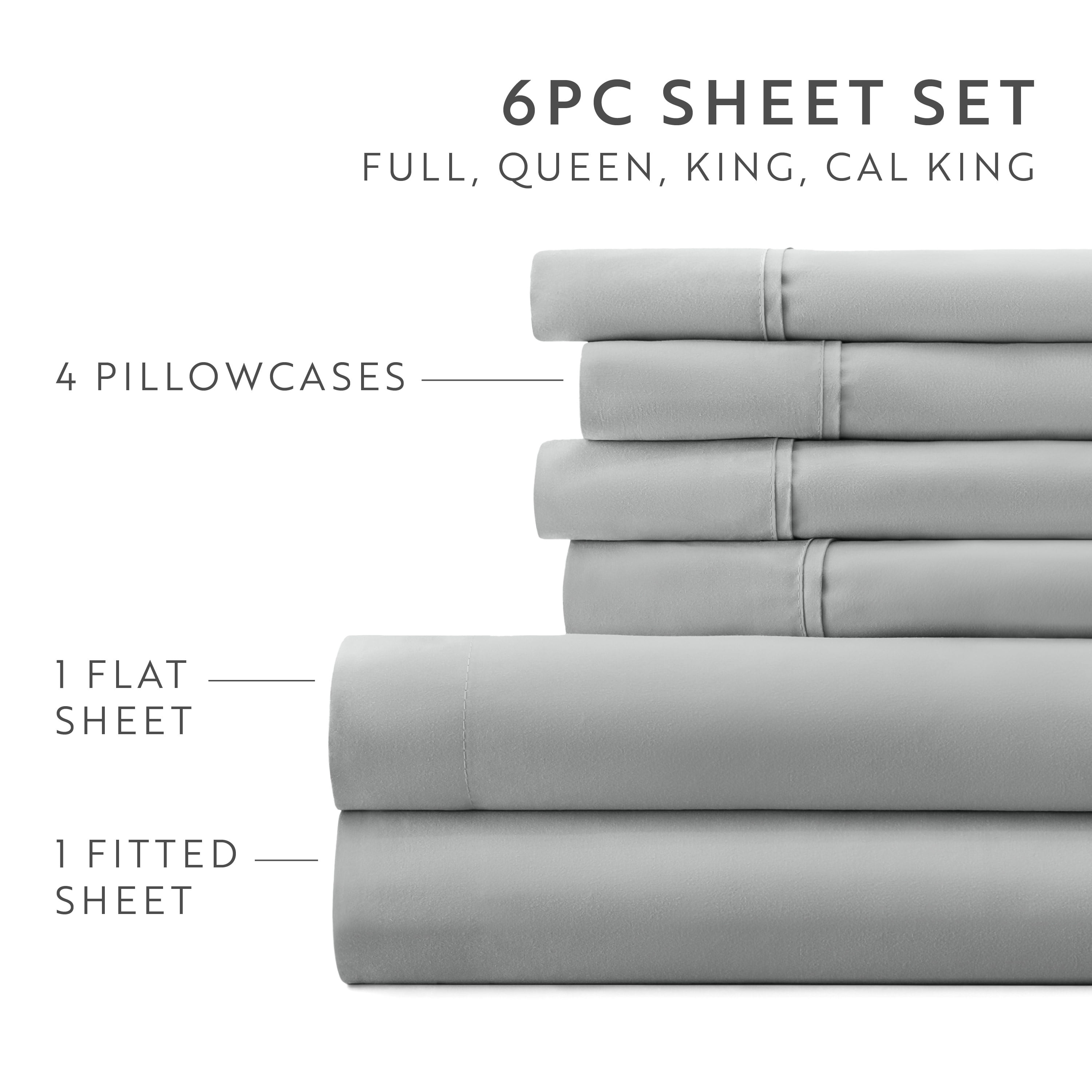 King, Light Gray Solid Microfiber 6 Piece Bed Sheet Set, by Noble Linens