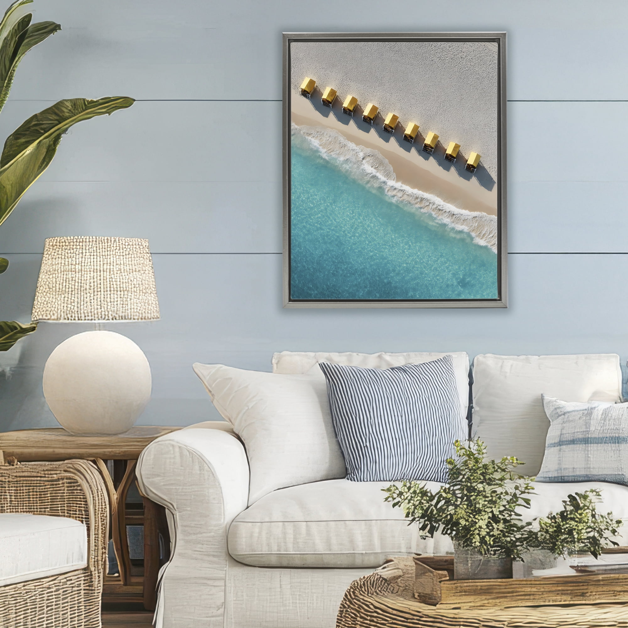 Stupell Industries Yellow Cabanas Along Shore Gray Framed Floater Canvas Wall Art, design by Franklyn Gregory