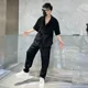thumbnail image 4 of Conjunto de camiseta y pantalón negro para hombre, conjunto de entrenamiento, nailon, liso, pantalones para hombre, talla S, poliéster, dos piezas, estilo coreano, básico elegante 2024, 4 of 5