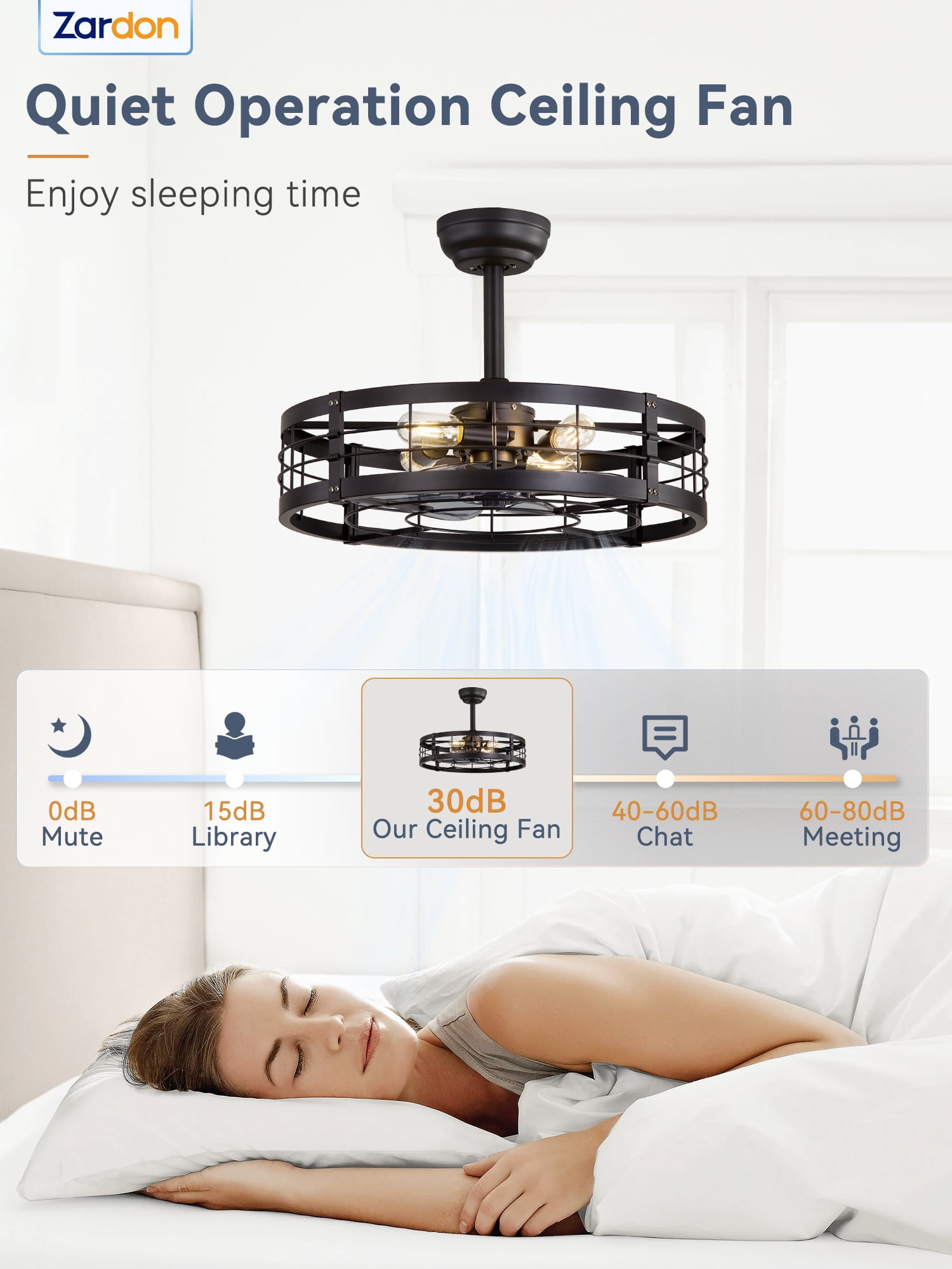 Zardon 22" Matte Black Cage Ceiling Fan with Light, Farmhouse and Bladeless with Timer, 6 Speeds, Ultra Quiet 30dB for Bedroom, Kitchen, Living Room