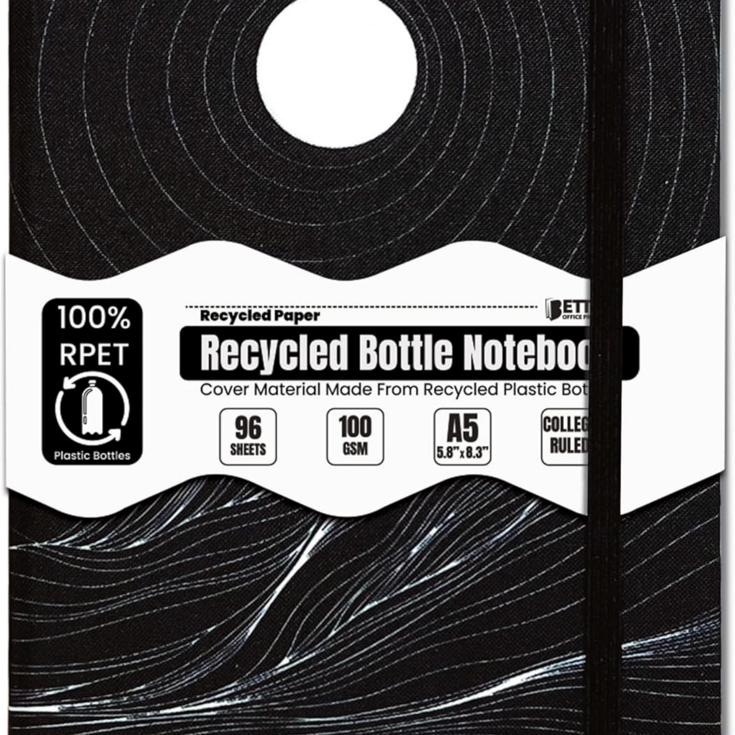 Better Office Products d Plastic Bottle Notebook Journal, 8.3" x 5.8" (A5), 192 College Ruled Pages, Hardcover, Inner Pocket, Banded, Cover Made of Plastic Bottles (1, Black)