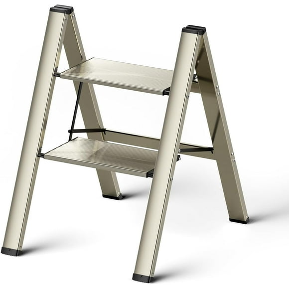 2 Step Ladder - Step Stool Folding Kitchen Adults Stools, Wide Aluminum Lightweight Non Slip Ladder, Portable Stepladders for Home, Office, Library,Closet Gold Step Ladder