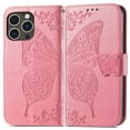 thumbnail image 2 of Wallet Case for iPhone 16 Pro,Women Folio PU Leather Case Wrist Strap Card Slots Holder Purse Embossed Butterfly Flower Stand Magnetic Closure Flip Full-Body Protective Case,Pink, 2 of 9