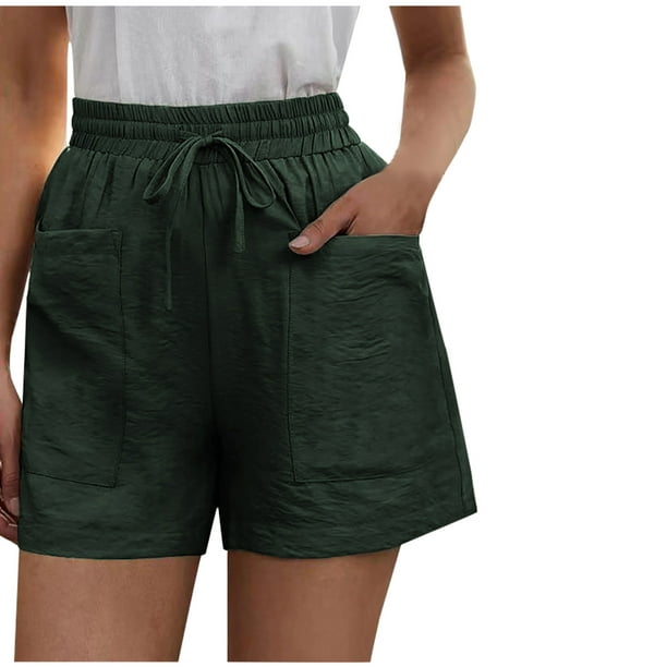 Women Elastic Waist Shorts Pants Short Pants Cargo Linen Cotton