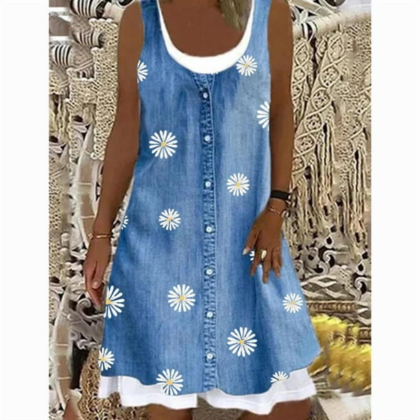 Women's A-Line Dress Sleeveless Spring Summer Casual Patchwork Print Knee Length Dress Fashion 3D Printing Denim Print DressXXXL Gao Jinjia LED