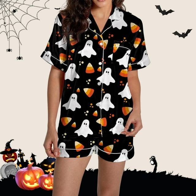Pyjama Femme Graphique Imprimé Satin Mignon Vêtements de Nuit Boutons Manches Courtes Hauts Shorts Ensembles