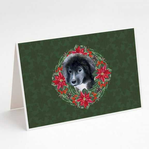 Newfoundland Puppy Poinsetta Wreath Greeting Cards and Envelopes Pack of 8