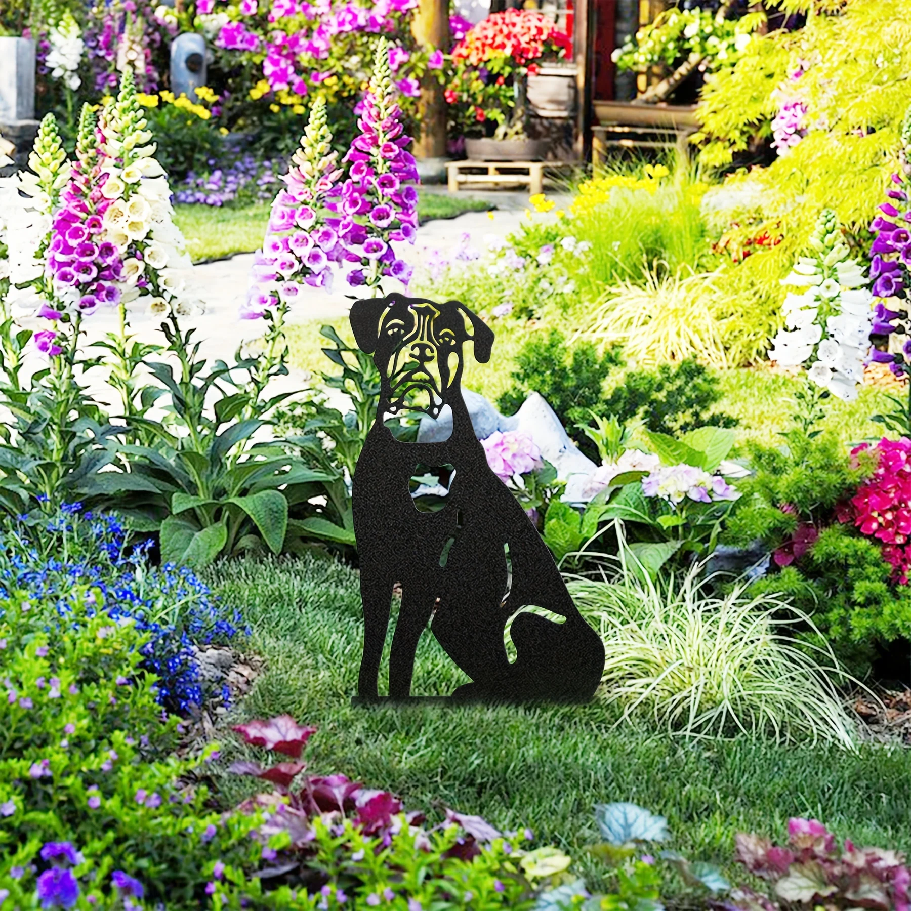 1PC Doberman Pinscher Backyard Lawn Stakes, Dog Metal Art Garden Statues French Bulldog, Festival Decorations & Yard Decor