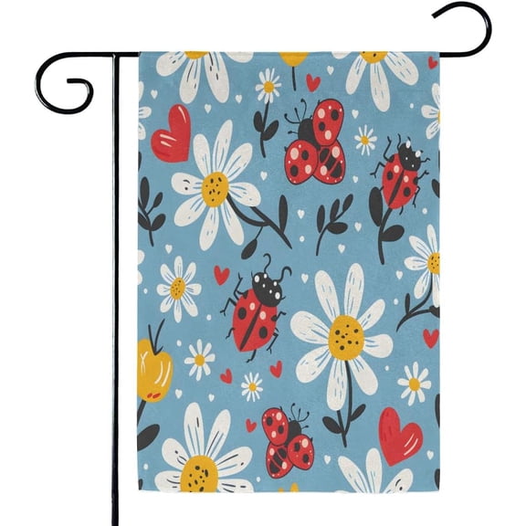 Ladybugs Heart Flower Garden Flag 12x18 Inch Double Sided Outdoor Yard Welcome Flag for Seasonal Porch Patio Lawn Farmhouse Decoration