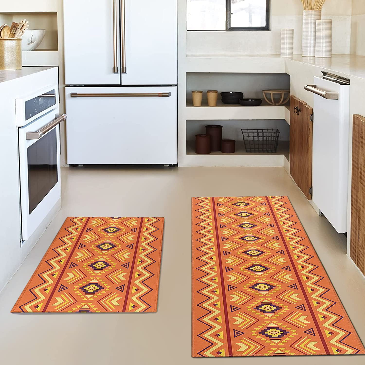 Debedcor Burnt Orange Kitchen Rugs and Mats Set of 2, Non-Skid Bathroom  Rugs Vintage Farmhouse Oil Painting Abstract Art Washable Kitchen Runner  Floor