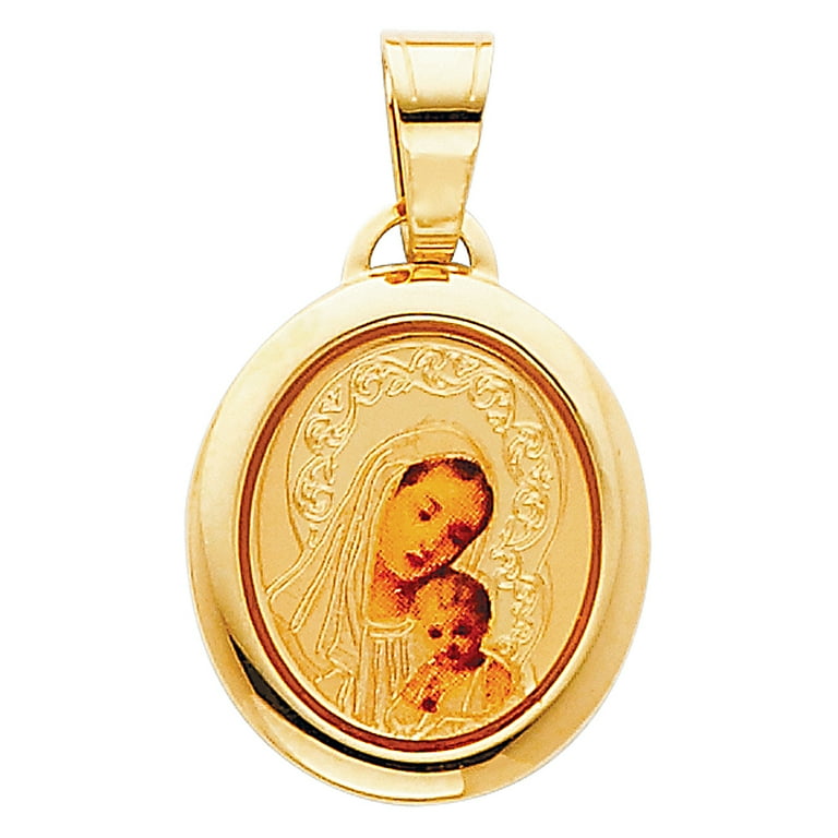 Wellingsale 14K Yellow Gold Polished Religious Blessed Virgin Mary And Baby  Jesus Enamel Picture Charm Pendant