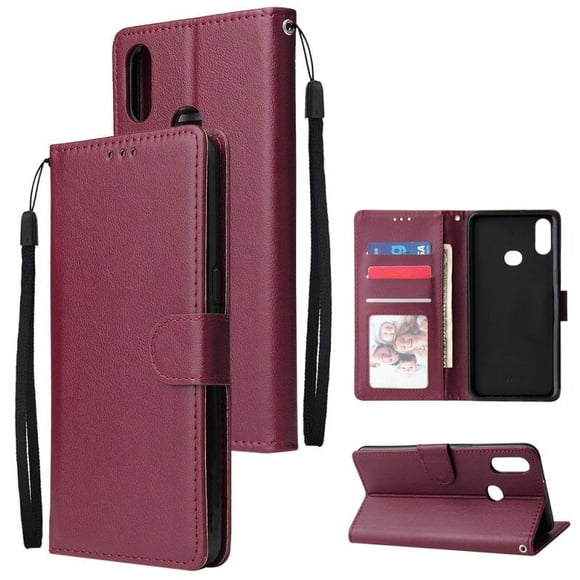 For Samsung A10S A20S Cellphone Cover Mobile Phone Shell Buckle Closure Cards Slots PU Leather Smart Shell with Wallet Overall Protection wine red