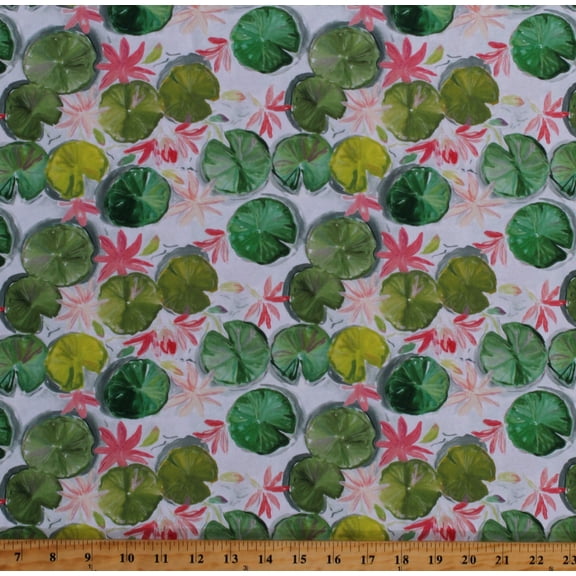 Cotton Lily Pads Flowers Frogs Water Lake Nature White Cotton Fabric Print by the Yard (STELLA-DCWR1856MULTI)