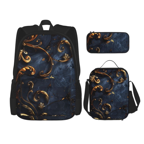 Balery Elegant Gold Scrollwork Mochila escolar 3 en 1 para niños: mochila resistente con lonchera térmica y estuche para lápices. Mochila escolar para niños y niñas.