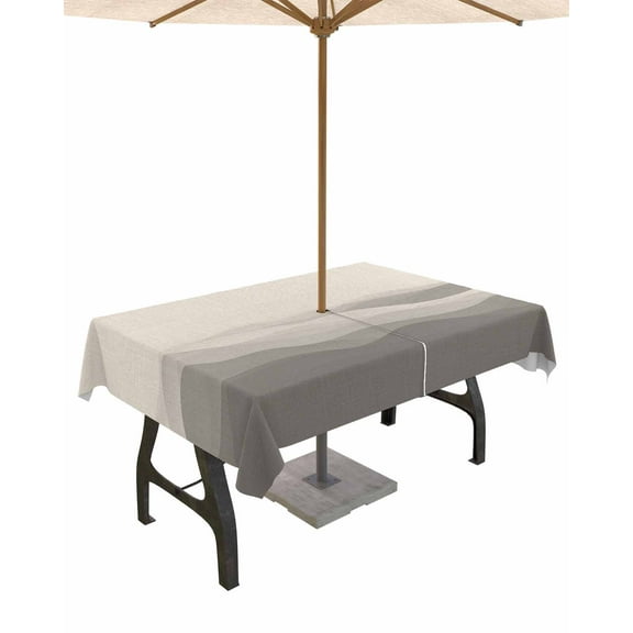 Fsddascl Grey Beige Ombre Outdoor Tablecloth - 52x70 Inch Rectangle Dining Table Cover, Minimalist Ocean Waves Linen Waterproof Outdoor Table Cloth with Umbrella Hole & Zipper for Picnic/Patio/Party