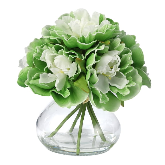Artificial Peony Flowers in Glass Vase with Faux Water, Realistic Silk Green Floral Arrangement Centerpiece for Table Shelf Bathroom Wedding Home Decor, Green