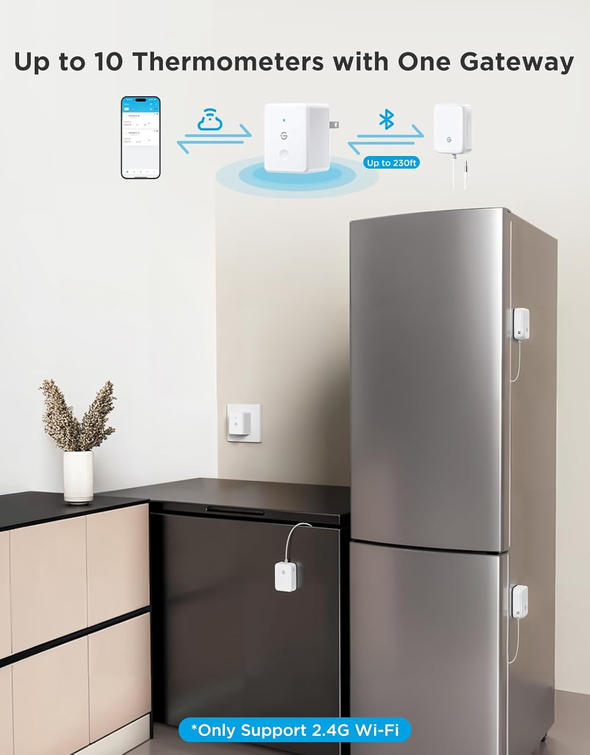WiFi Refrigerator Thermometer with Alarm, Wireless Digital Freezer Temperature Gauge with App Control, 2 Years Free Data Export, for Home Kitchen Fridge Hot Tub