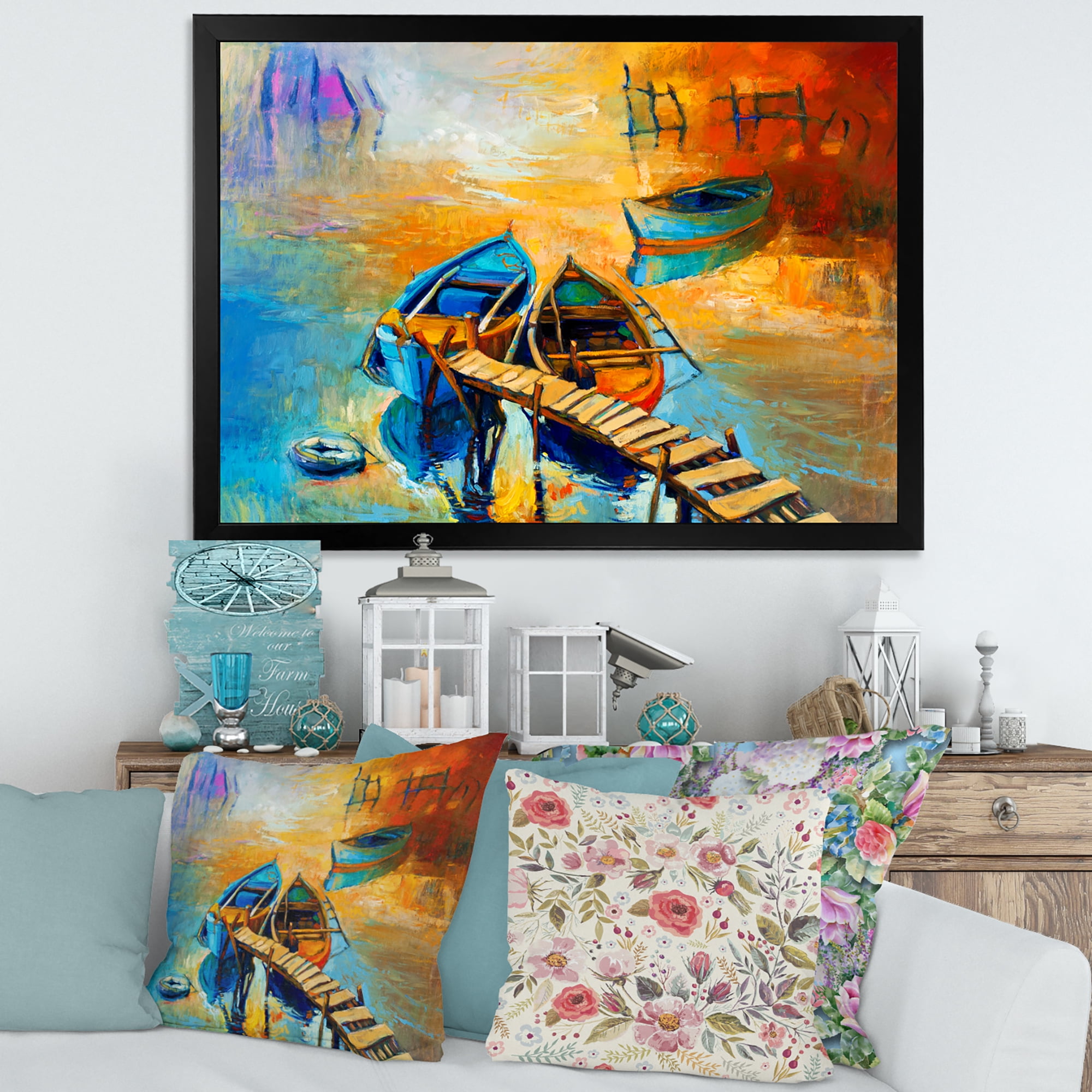 Boat At The Lake During Evening Glow V 32 in x 16 in Framed Painting Canvas Art Print, by Designart