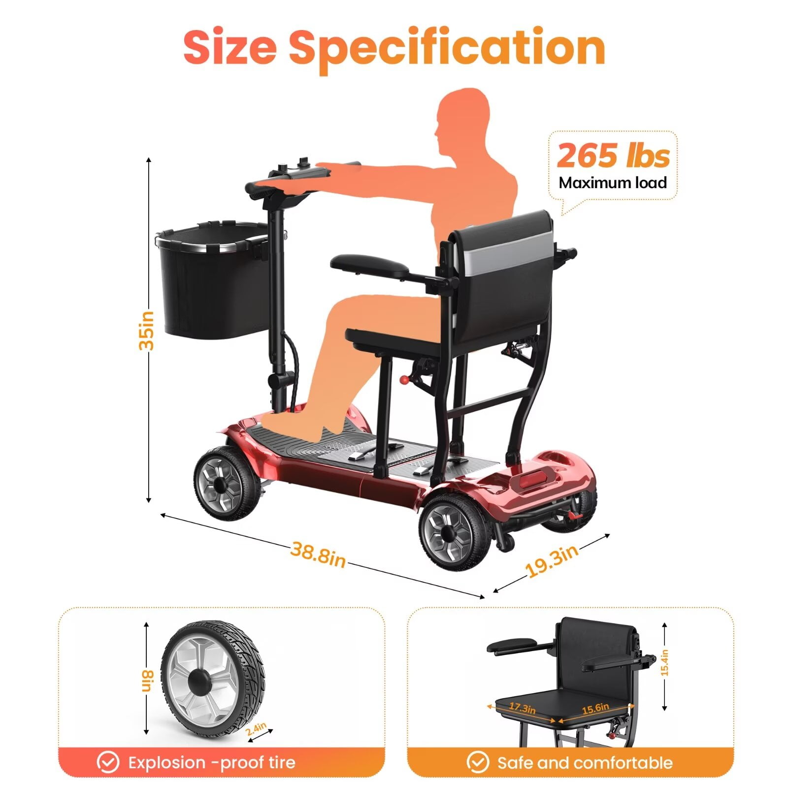 SACVON Lightweight Foldable Mobility Scooter for Seniors, Portable Electric Wheelchair with Lithium Battery, Red