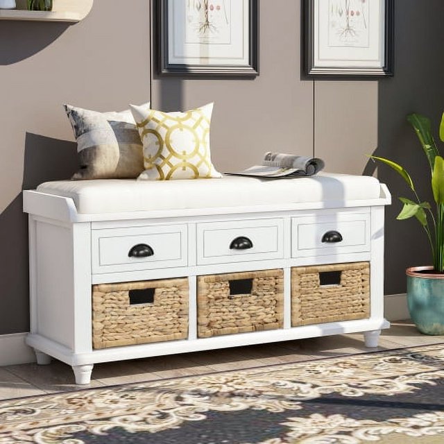 Rustic Storage Bench With 3 Drawers & 3 Rattan Baskets, Shoe Storage Bench For Entryway, Living Room, Bedroom (White)
