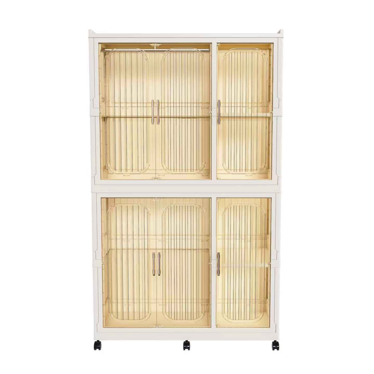 Closet Organizer with 6 Magnetic Doors, Features 6 Storage Cubes and 2 Hanging Rods, Includes 6 Hangers, PP+ABS Construction, Locking Casters, Easy No-Tool Assembly, Cream White