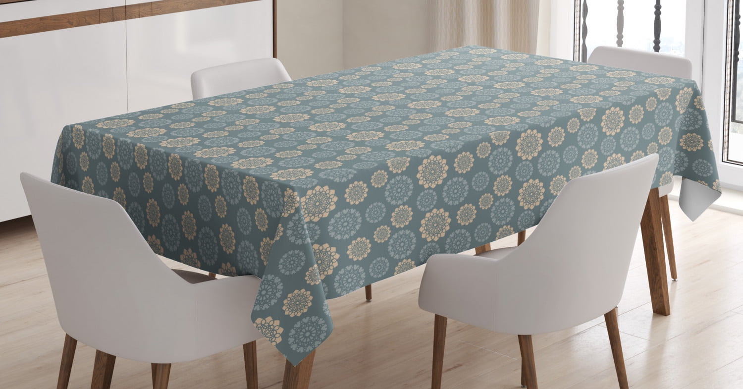 Dusty Blue Tablecloth, Repeating Floral Motifs in Pastel Tones Abstract