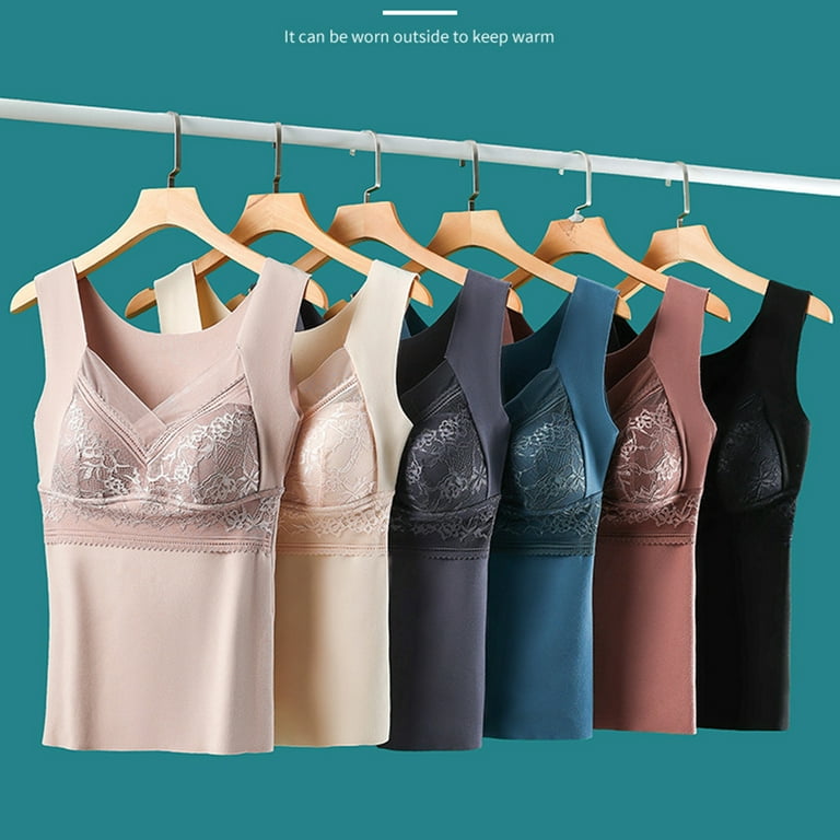 Women Fleece Lined Underwear Tops Built-in Bra Padded Lace Cami Tank Top  Vest