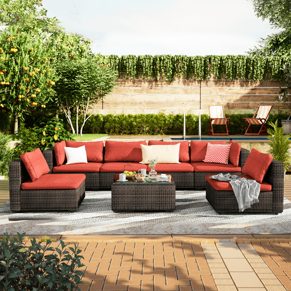 Grezone 7 Patio Outdoor Furniture Wicker Sectional Sofa Couch Lawn Sectional, Red