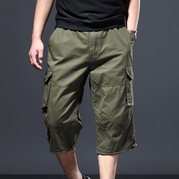 Ceisia Men Multi Pocket Elastic Waist Cargo Capri Shorts Button Detail Summer Loose Fit 3/4 Length Work Bottoms (Army Green M) Father's Day Gift