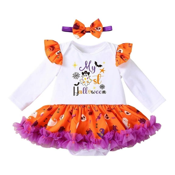 FYDUU Baby Girls Halloween Outfits Long Sleeve Pumpkin Print Romper Dress Tutu Onesie With Headband Set Fall Casual Party Wear For Toddler 1-3 Months