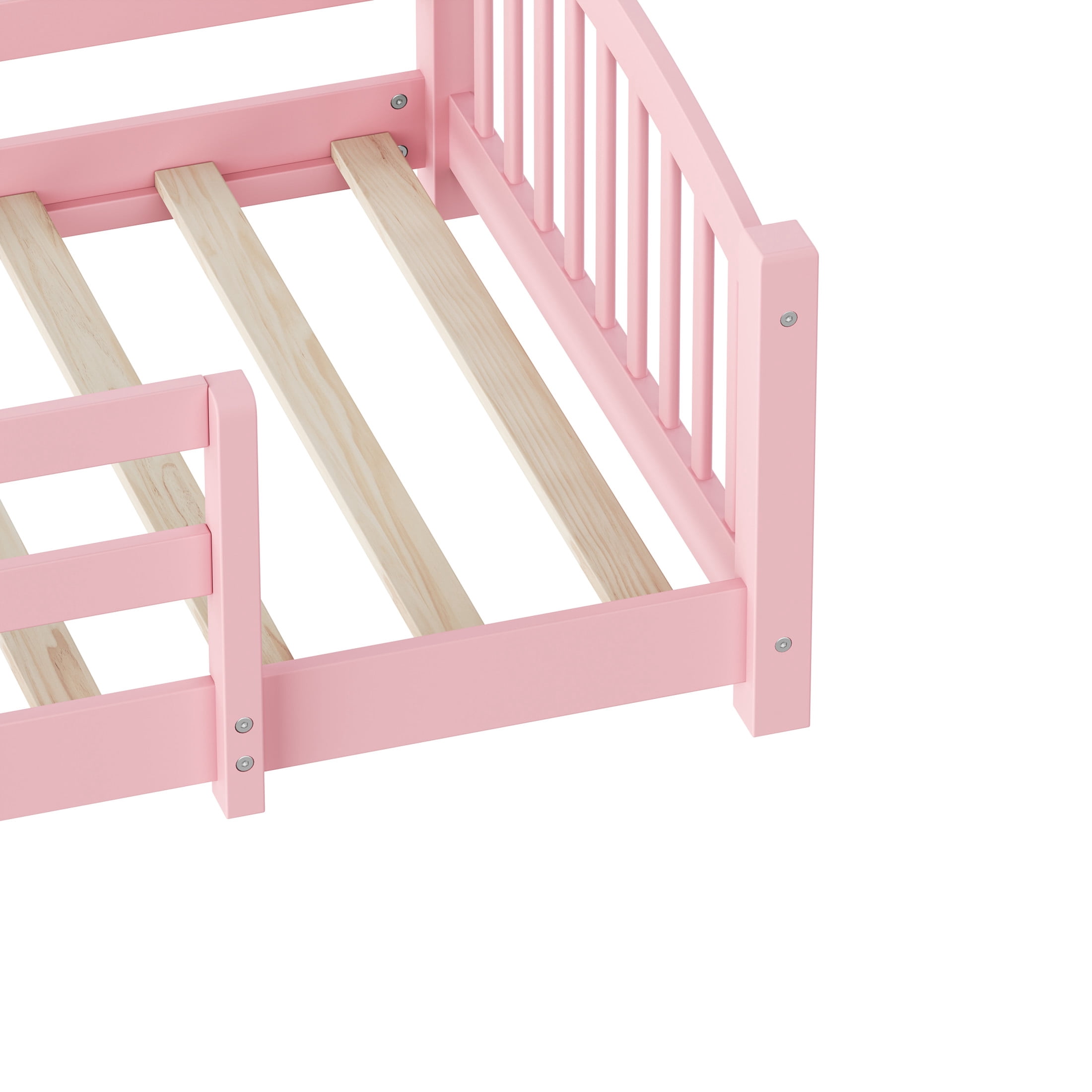 Noble House Twin Floor Bed with Slats, Safety Guardrails, Solid Wood Frame, Pink