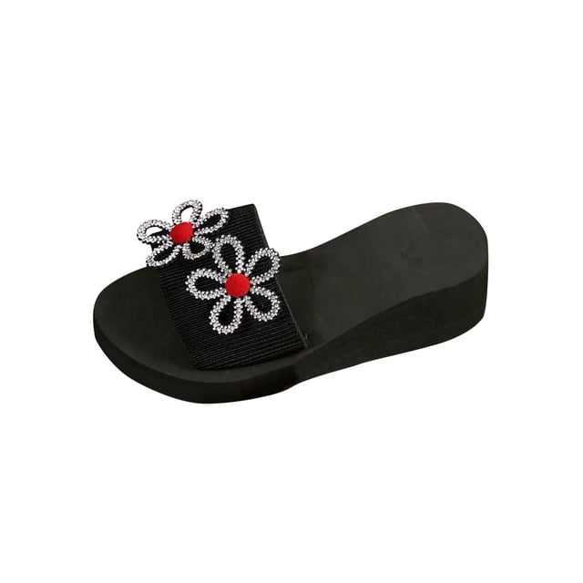 Pantoufles Rouges pour Femmes Talon Compensé Bout Rond Bout Ouvert Fleur en Strass Semelle Épaisse Décontractées Printemps Été Extérieur Intérieur pour Usage Quotidien Taille 38