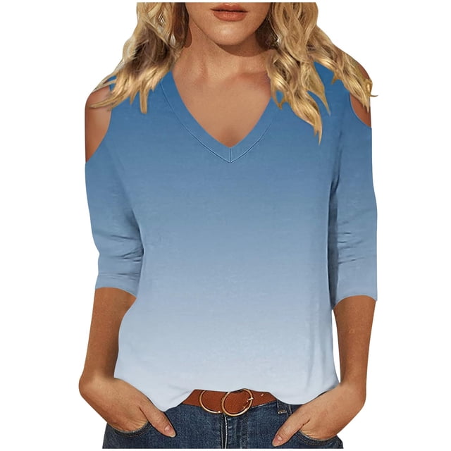 cfhntfmh 3/4 Sleeve Tops for Women Fashion Cold-Shoulder V Neck Printed T-Shirts Fall Lounge Solid Color Basic Vacation Shirts
