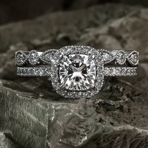 Kalapi Jewel 1.5 Ct Cushion Cut Lab Created Diamond Halo Wedding Ring Set for Her - 14K White Gold Plated Engagement Ring Set - Gift for Anniversary - Elegant Solitaire with Accents Ring Set