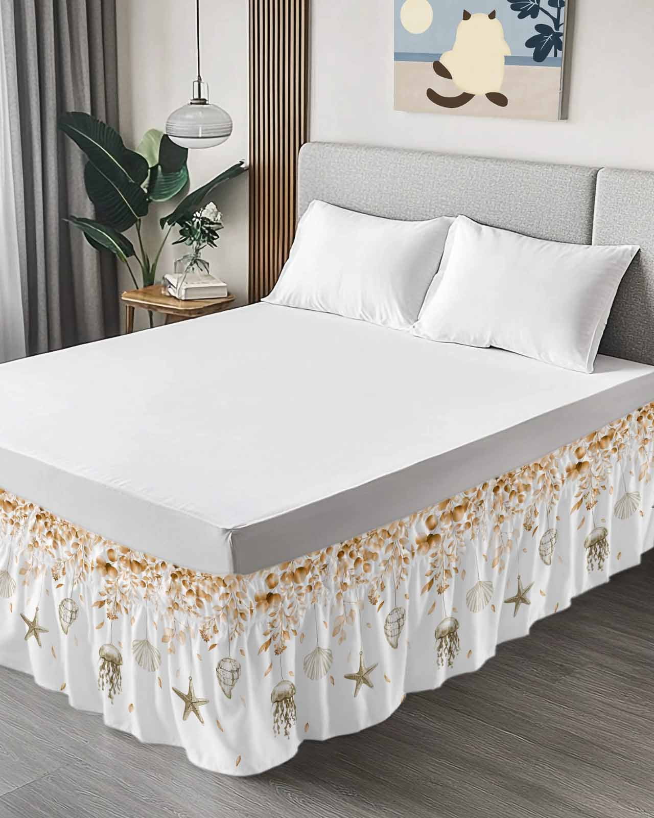 Orange Coastal Wrap Around Bed Skirts for California King Bed 16" Drop,Bed Skirt with Adjustable Elastic Belt Dust Ruffle Bed Valance Summer Eucalyptus Leaves Beach Ocean Starfish Bed Frame Cover