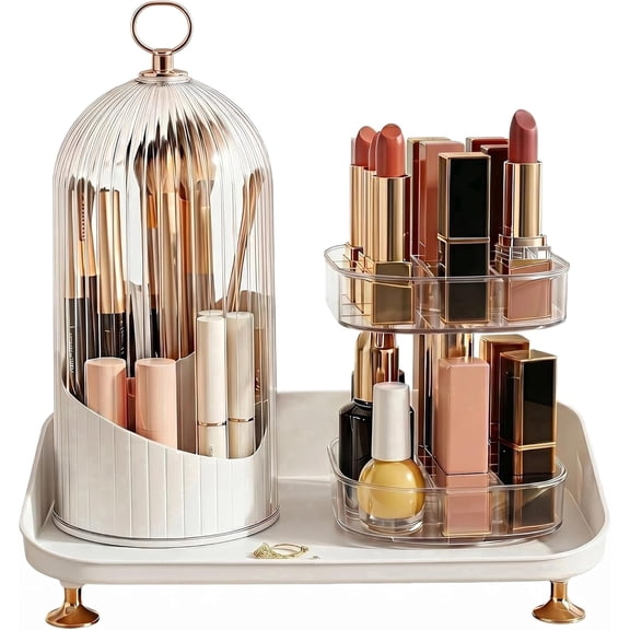 Makeup Brush Organizer, Birdcage Rotating Dustproof Cosmetic Storage Holder with Sealed Lid for Vanity Lipstick Eyebrow Tools