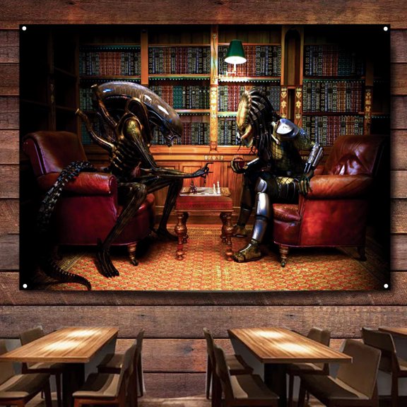 Predator VS Alien Playing Chess Movie Posters and Prints Wall Chart Tapestry Vintage Wall Art Banner Hanging Flag Canvas Painting Room Home Decoration,38X57 inches