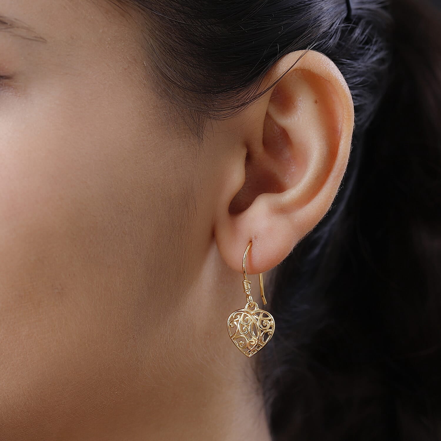 Filigree Heart Dangle Earrings - 14K Yellow Gold Plated 925 Sterling Silver Open Heart Drop Earrings - Openwork Dangling Earring Jewelry Birthday Christmas Gifts for Women