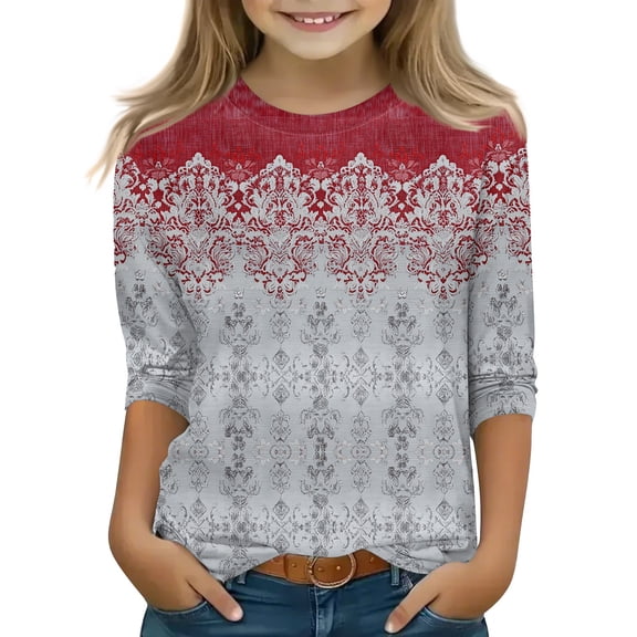 Iaqnaocc Shirts for Child Girls Size 7 3/4 Length Sleeve Cute Western Ethnic Style T-Shirts Girls Fashion Round Neck Blouses Basic Casual Gifts for Teen Girls Light Gray 8-9 Years